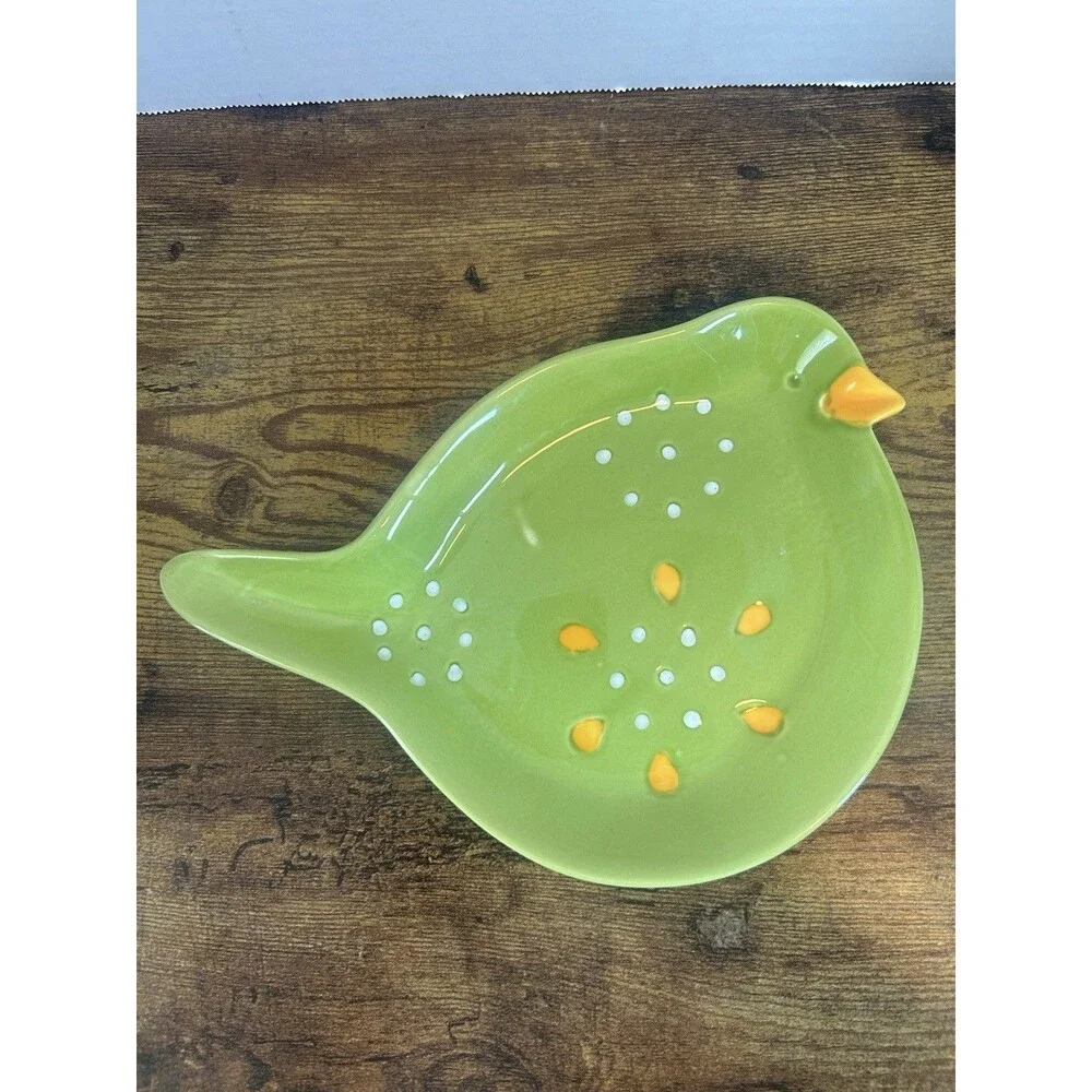 Pier 1 Imports Green Bird Ceramic Colander Trinket Dish Hand Painted Decor VTG